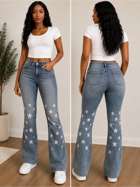Denim - Y2K Star Print Flare Jeans Women’s L Stretch Faded Blue Denim